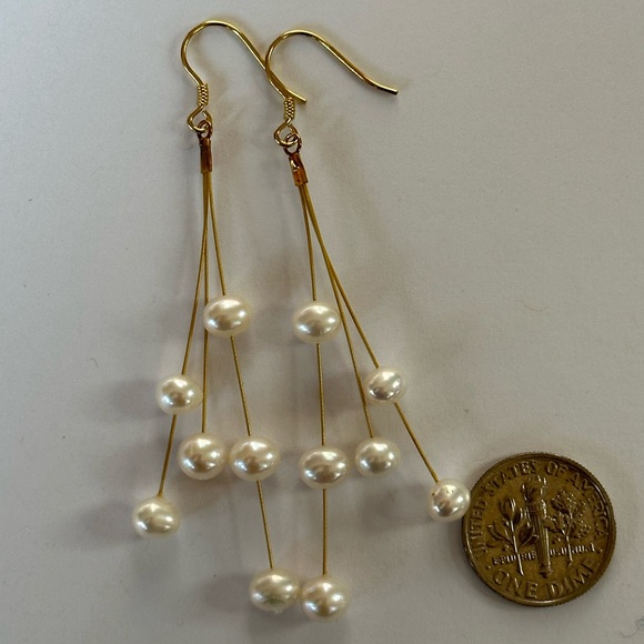 AAA Cultured White Pearl Dangle Earrings-14K GP - Picture 4 of 11